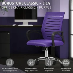 Ergonomischer Bürostuhl mit Armlehnen Netzgewebe Lila mit Rollen ML-Design-ECD Germany