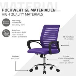 Ergonomischer Bürostuhl mit Armlehnen Netzgewebe Lila mit Rollen ML-Design-ECD Germany