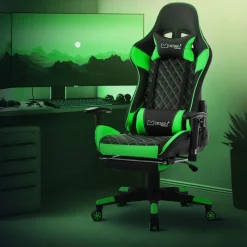 Gamingstuhl mit ausziehbarer Fußstütze 2D Armlehne Schwarz/Grün aus Kunstleder ML-Design-ECD Germany Clearance