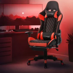 Gamingstuhl mit ausziehbarer Fußstütze 2D Armlehne Schwarz/Rot aus Kunstleder ML-Design-ECD Germany Best