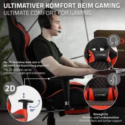 Gamingstuhl mit ausziehbarer Fußstütze 2D Armlehne Schwarz/Rot aus Kunstleder ML-Design-ECD Germany Best