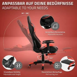 Gamingstuhl mit ausziehbarer Fußstütze 2D Armlehne Schwarz/Rot aus Kunstleder ML-Design-ECD Germany Best