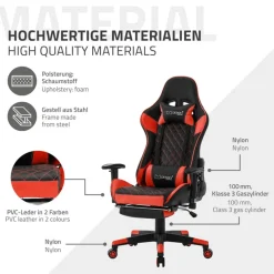 Gamingstuhl mit ausziehbarer Fußstütze 2D Armlehne Schwarz/Rot aus Kunstleder ML-Design-ECD Germany Best