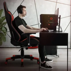 Gamingstuhl mit ausziehbarer Fußstütze 2D Armlehne Schwarz/Rot aus Kunstleder ML-Design-ECD Germany Best