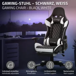 Gamingstuhl mit ausziehbarer Fußstütze 2D Armlehne Schwarz/Weiß aus Kunstleder ML-Design-ECD Germany Sale