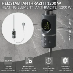 Heizstab 1200W Anthrazit mit Thermostat und LCD Bildschirm LuxeBath-ECD Germany