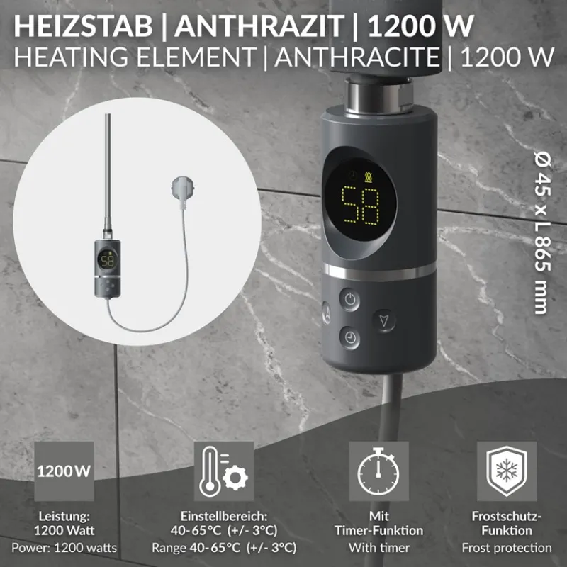 Heizstab 1200W Anthrazit mit Thermostat und LCD Bildschirm LuxeBath-ECD Germany