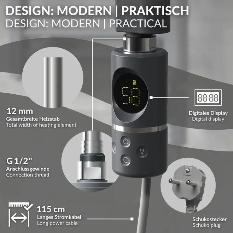 Heizstab 1200W Anthrazit mit Thermostat und LCD Bildschirm LuxeBath-ECD Germany