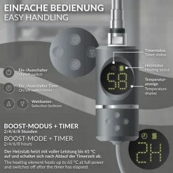 Heizstab 1200W Anthrazit mit Thermostat und LCD Bildschirm LuxeBath-ECD Germany