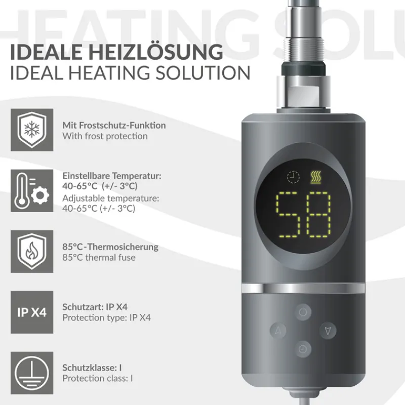 Heizstab 1200W Anthrazit mit Thermostat und LCD Bildschirm LuxeBath-ECD Germany