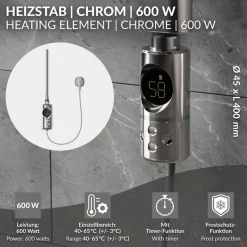 Heizstab 600W Chrome mit Thermostat und LCD Bildschirm LuxeBath-ECD Germany Best