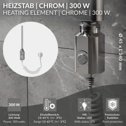 Heizstab 300W Chrome mit Thermostat für Badheizkörper LuxeBath-ECD Germany Discount