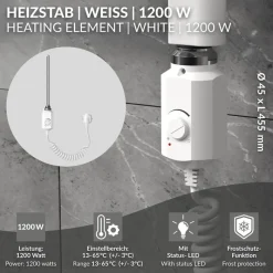 Heizstab 1200W Weiß mit Thermostat für Badheizkörper LuxeBath-ECD Germany Online