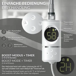 Heizstab 300W Weiß mit Thermostat und LCD Bildschirm LuxeBath-ECD Germany New