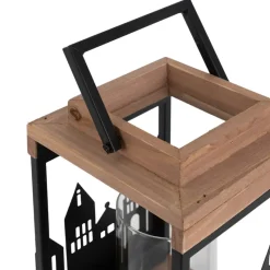 Holzlaterne für Teelichter, Kerzen mit Stadtskyline und Henkel aus Holz und Metall-ECD Germany Clearance