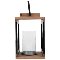 Holzlaterne für Teelichter, Kerzen mit Stadtskyline und Henkel aus Holz und Metall-ECD Germany Clearance