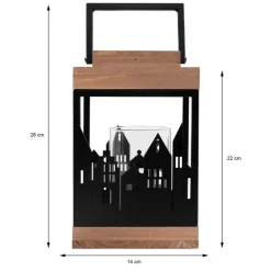 Holzlaterne für Teelichter, Kerzen mit Stadtskyline und Henkel aus Holz und Metall-ECD Germany Clearance