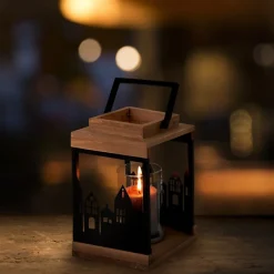 Holzlaterne für Teelichter, Kerzen mit Stadtskyline und Henkel aus Holz und Metall-ECD Germany Clearance