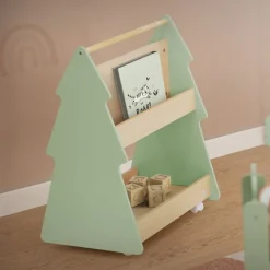 Kinder Bücherregal Tanne-Design Grün/Natur mit Ablagen und Rollen Joyz-ECD Germany Discount