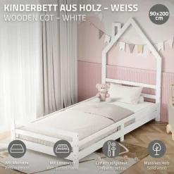 Kinderbett Haus 90x200 cm Weiß mit Matratze H:16cm Holzbett für Kinder mit Lattenrost Schornstein Design ML-Design-ECD Germany Outlet