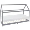 Kinderbett Hausbett 90x200 cm Hellgrau aus Kiefernholz inkl. Matratze H-16cm Holzbett mit Dach und Lattenrost ML-Design-ECD Germany Online