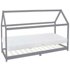 Kinderbett Hausbett 90x200 cm Hellgrau aus Kiefernholz inkl. Matratze H-16cm Holzbett mit Dach und Lattenrost ML-Design-ECD Germany Online