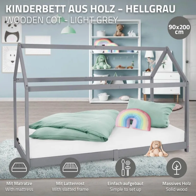 Kinderbett Hausbett 90x200 cm Hellgrau aus Kiefernholz inkl. Matratze H-16cm Holzbett mit Dach und Lattenrost ML-Design-ECD Germany Online