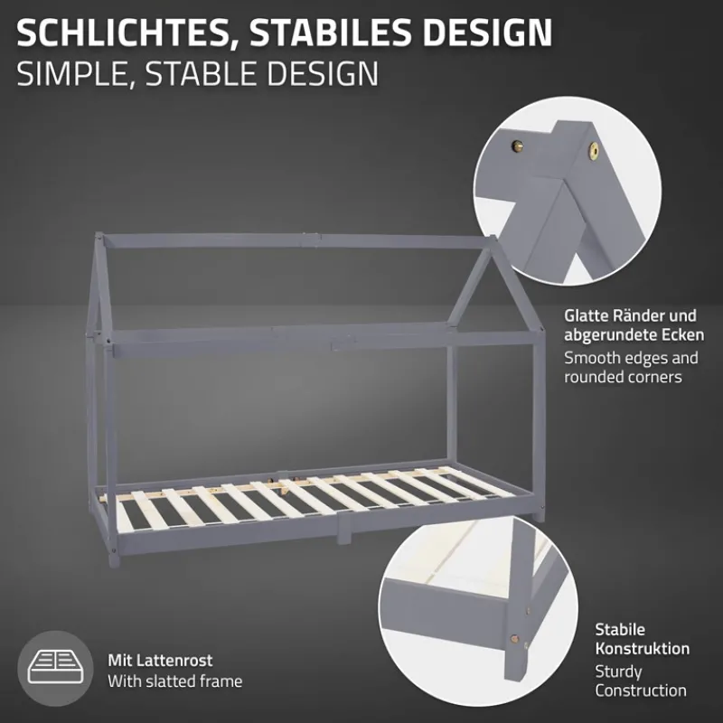 Kinderbett Hausbett 90x200 cm Hellgrau aus Kiefernholz inkl. Matratze H-16cm Holzbett mit Dach und Lattenrost ML-Design-ECD Germany Online
