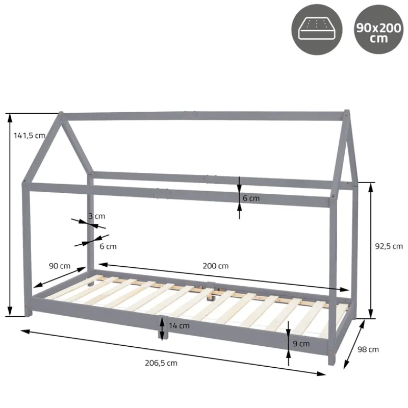 Kinderbett Hausbett 90x200 cm Hellgrau aus Kiefernholz inkl. Matratze H-16cm Holzbett mit Dach und Lattenrost ML-Design-ECD Germany Online