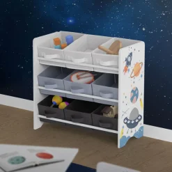 Kinderregal Weltraum-Motiv mit 9 Aufbewahrungsboxen Weiß aus Holz Joyz-ECD Germany Online