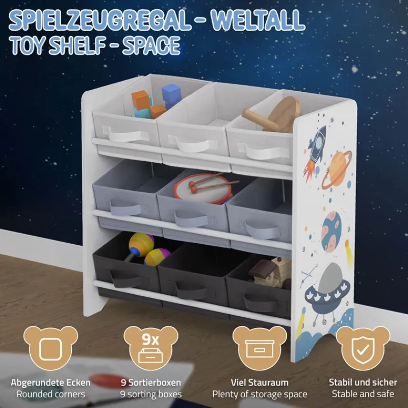 Kinderregal Weltraum-Motiv mit 9 Aufbewahrungsboxen Weiß aus Holz Joyz-ECD Germany Online