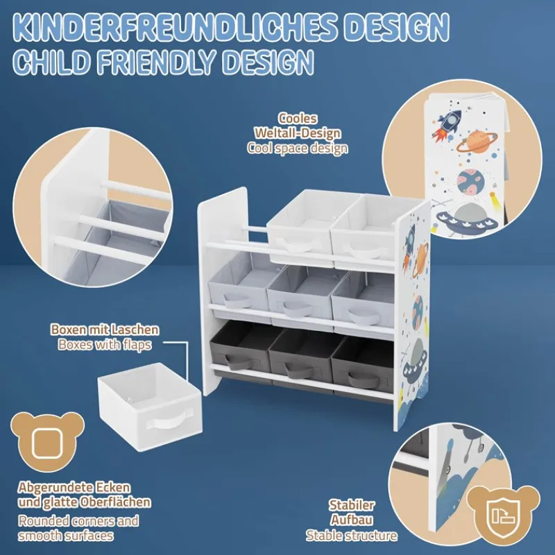 Kinderregal Weltraum-Motiv mit 9 Aufbewahrungsboxen Weiß aus Holz Joyz-ECD Germany Online