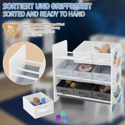 Kinderregal Weltraum-Motiv mit 9 Aufbewahrungsboxen Weiß aus Holz Joyz-ECD Germany Online