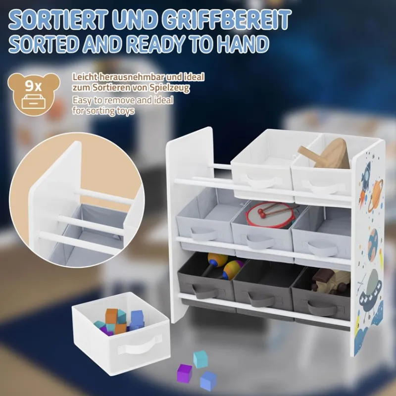 Kinderregal Weltraum-Motiv mit 9 Aufbewahrungsboxen Weiß aus Holz Joyz-ECD Germany Online