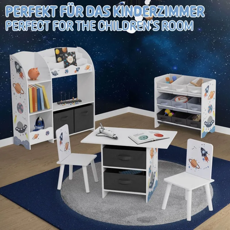 Kinderregal Weltraum-Motiv mit 9 Aufbewahrungsboxen Weiß aus Holz Joyz-ECD Germany Online