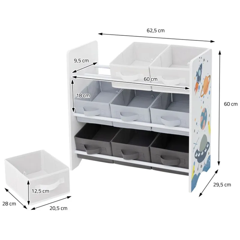 Kinderregal Weltraum-Motiv mit 9 Aufbewahrungsboxen Weiß aus Holz Joyz-ECD Germany Online