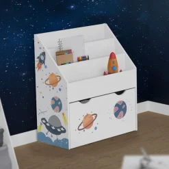 Kinderregal Weltraum-Motiv mit 3 Fächern und herausziehbarer Spielzeugkiste auf Rollen Weiß aus Holz Joyz-ECD Germany Outlet