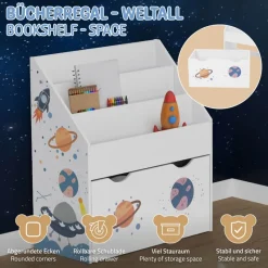 Kinderregal Weltraum-Motiv mit 3 Fächern und herausziehbarer Spielzeugkiste auf Rollen Weiß aus Holz Joyz-ECD Germany Outlet
