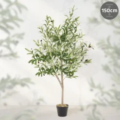 Künstlicher Olivenbaum 150 cm Kunstpflanze mit Naturholzstamm und Früchten ML-Design-ECD Germany Hot