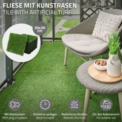 Kunstrasen Fliesen 30x30 cm, 11 Stück=1m², Grasoptik Bodenbelag mit Klicksystem und Drainage ML-Design-ECD Germany Hot