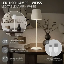 LED Tischlampe kabellos mit Touch, Weiß, Ø10x36 cm, Akku Tischleuchte USB-C ML-Design-ECD Germany New