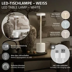 LED Tischlampe kabellos mit Touch, Weiß Ø8x34,5cm Akku Tischleuchte USB-C ML-Design-ECD Germany Best