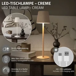 LED Tischlampe kabellos mit Touch, Creme, Ø10x36 cm, Akku Tischleuchte USB-C ML-Design-ECD Germany Sale