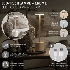 LED Tischlampe kabellos mit Touch, Creme Ø8x34,5cm Akku Tischleuchte USB-C ML-Design-ECD Germany