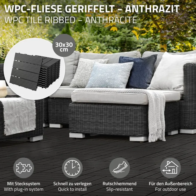 1m² 11 Stück WPC Terrassenfliesen 30x30 cm Anthrazit in Holzoptik Balkon Bodenbelag mit Drainage und Klicksystem Terrassendielen Balkonfliesen-ECD Germany Best