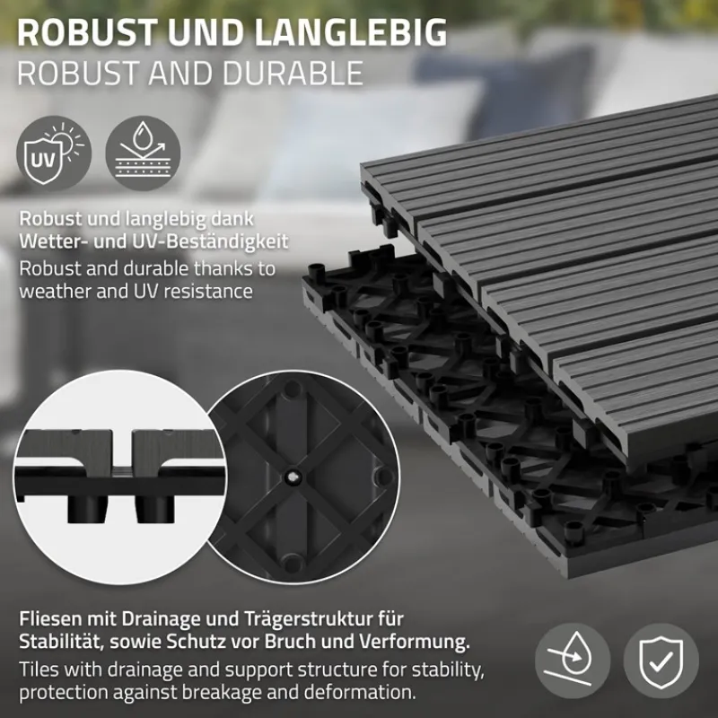 1m² 11 Stück WPC Terrassenfliesen 30x30 cm Anthrazit in Holzoptik Balkon Bodenbelag mit Drainage und Klicksystem Terrassendielen Balkonfliesen-ECD Germany Best