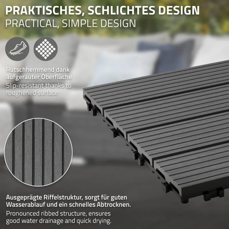 1m² 11 Stück WPC Terrassenfliesen 30x30 cm Anthrazit in Holzoptik Balkon Bodenbelag mit Drainage und Klicksystem Terrassendielen Balkonfliesen-ECD Germany Best