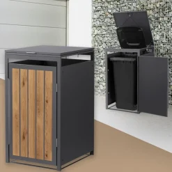 Mülltonnenbox 1er bis 240 Liter 68x80x120 cm aus Stahl in Anthrazit-Holzoptik ML-Design-ECD Germany Discount