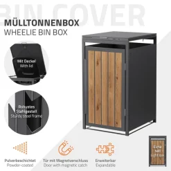 Mülltonnenbox 1er bis 240 Liter 68x80x120 cm aus Stahl in Anthrazit-Holzoptik ML-Design-ECD Germany Discount