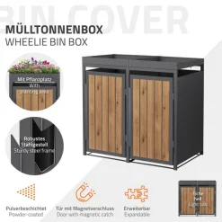 Mülltonnenbox mit Pflanzdach 2er bis 240 Liter 132x80x124 cm aus Stahl in Anthrazit-Holzoptik ML-Design-ECD Germany Discount